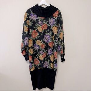 VINTAGE MADE IN ITALY KNIT WOOL MULTICOLOUR FLORAL MIDI DRESS